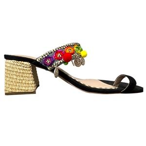 Betsey Johnson Callan Black Pom Pom Coin Raffia Block Heel Floral Sandals 9.5